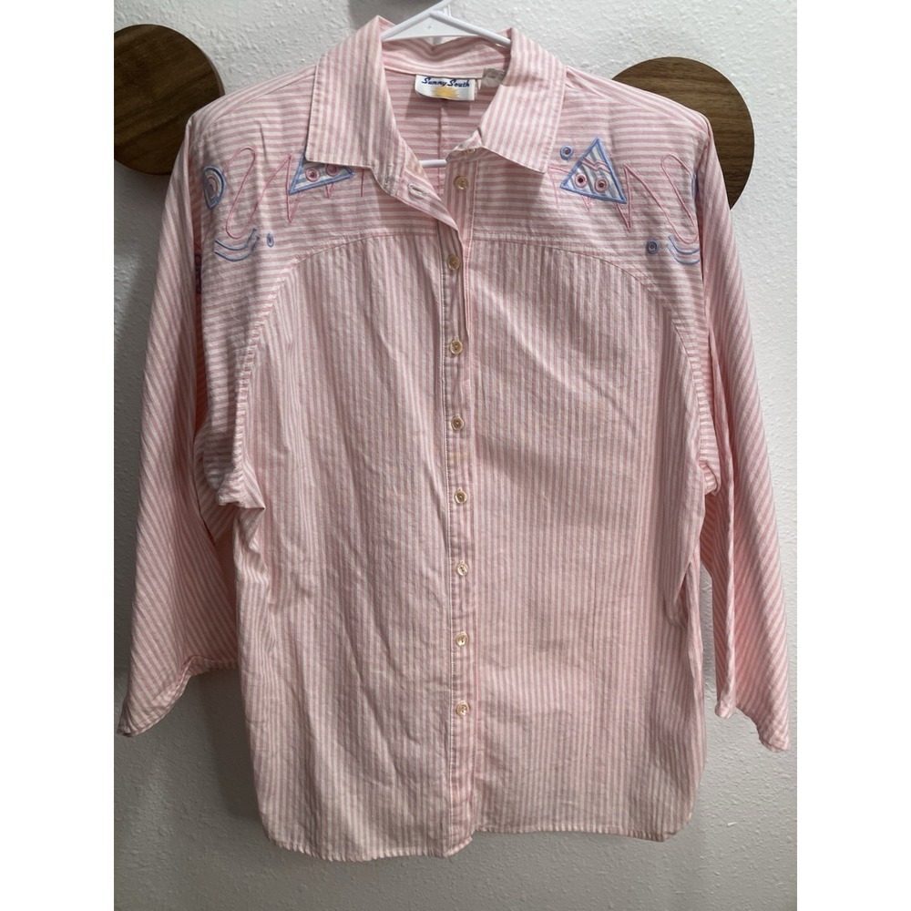 Vintage 90s Sunny South Jazz Doodle 3/4 Sleeve Button Shirt Size 14 Made in USA